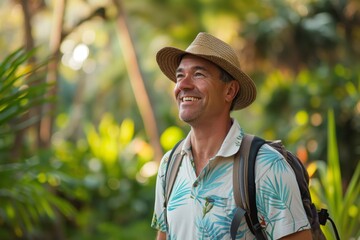 Smiling man with hat and backpack reveling in the beauty of a lush green jungle - Powered by Adobe