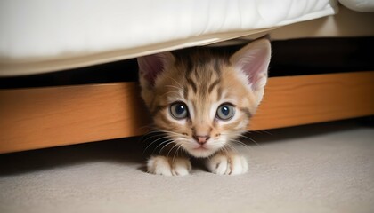 A Curious Kitten Peeking Out From Under The Bed
