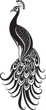 Angelic Elegance Hand Drawn Symbol of Large Peacock in Black Dazzling Feathered Extravaganza Logo Design of Gorgeous Peacock in Black Vector
