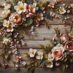 Floral blossoms adorning a rustic wooden backdrop.