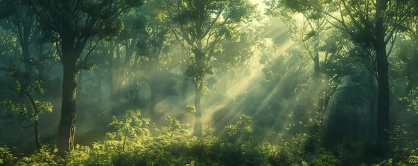 Crédence de cuisine en verre imprimé Olive verte Sunlight filtering through a dense woodland trail
