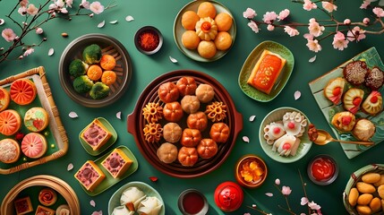 Indian sweets in a plate includes Gulab Jamun, Rasgulla, kaju katli, morichoor / Bundi Laddu, Gujiya or Karanji for diwali celebration - obrazy, fototapety, plakaty