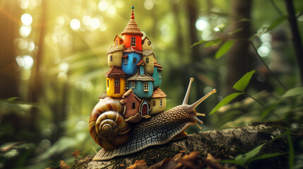 Enchanted Snail with Fairy Tale Houses. - obrazy, fototapety, plakaty