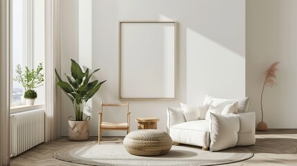 Modern Minimalist Living Room with Empty Mockup Frame and Greenery