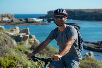 Cheerful man cycles along the coast, enjoying the sunny seaside landscape