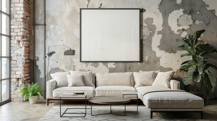 Modern Urban Living Room Interior with Blank Art Frame