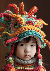 Child in a Colorful Knitted Dragon Hat.