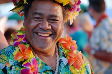 Close-up of a cheerful middle-aged man adorned with a colorful lei at a festive event - obrazy, fototapety, plakaty