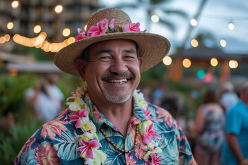 Joyful mature man in Hawaiian attire with festive background - obrazy, fototapety, plakaty
