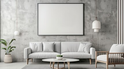 Modern Minimalist Living Room Interior with Empty Mockup Frame