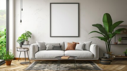 Modern Living Room Interior with Empty Mockup Frame, Green Plants, and Stylish Furniture