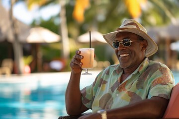Cheerful elderly man with a hat smiling with a cocktail at a sunny poolside resort