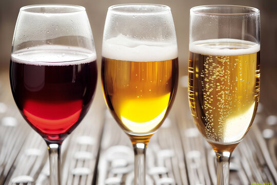 The image displays three glasses of different beverages. One is filled with red wine, another with pale beer, and the third with sparkling white wine