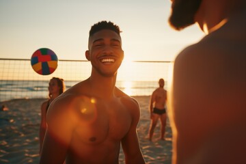 Smiling young man enjoys a beach volleyball game with friends during a golden sunset