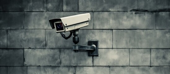A surveillance camera is attached to a rectangular brick wall made of composite material. The camera provides security for the building