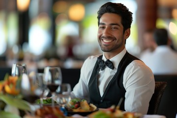 Charismatic young waiter in a bow tie smiling warmly at a fancy restaurant setting