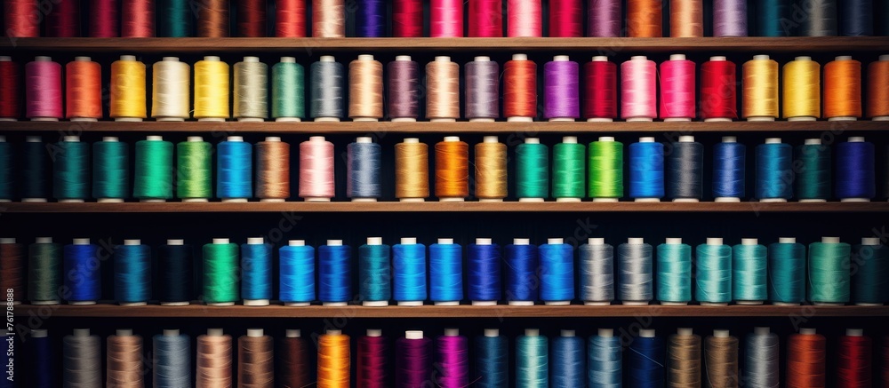 Poster a bookcase displaying a variety of colored spools of thread, creating a beautiful array of tints and