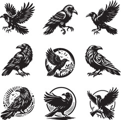Raven silhouette vector illustration set