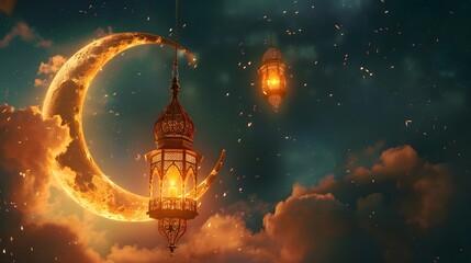 Ramadan Kareem background with crescent, stars and glowing clouds above serene sea.