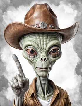 Portrait of an alien wearing a cowboy brown leather hat with its index finger pointing up.