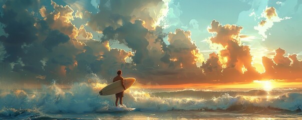 Surfer practicing surfing on wavy sea with splashing water - obrazy, fototapety, plakaty