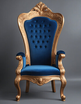 Luxury blue and bronze throne chair png, isolated on transparent background, 