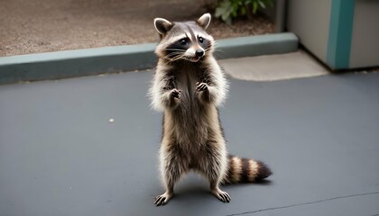A Raccoon Standing On Its Hind Legs Begging For A