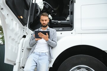 Men driver near lorry truck. Man owner truck driver near truck. Man trucker trucking owner....