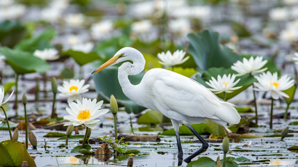 Great Egret in marsh water among white blooming water lilies
