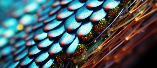 Macro photography captures the intricate pattern of a dragons electric blue scales on a building, showcasing the symmetry and art of natures design - obrazy, fototapety, plakaty