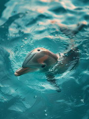 Artistic and surreal image of a small baby dolphin swim in deep, aqua-colored water creating a cute underwater scene