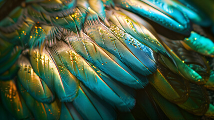 Close-up of iridescent bird feathers texture - obrazy, fototapety, plakaty