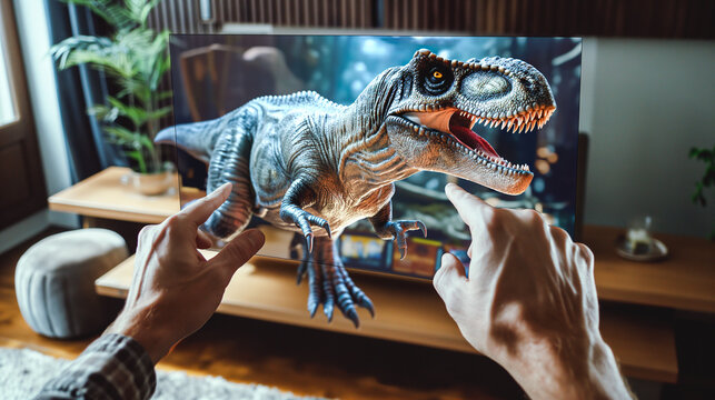 First-person view from inside the Virtual Reality Glasses. the man’s hands control the screen from which a hyper-realistic dinosaur crawls out. the effect of being completely present in the film