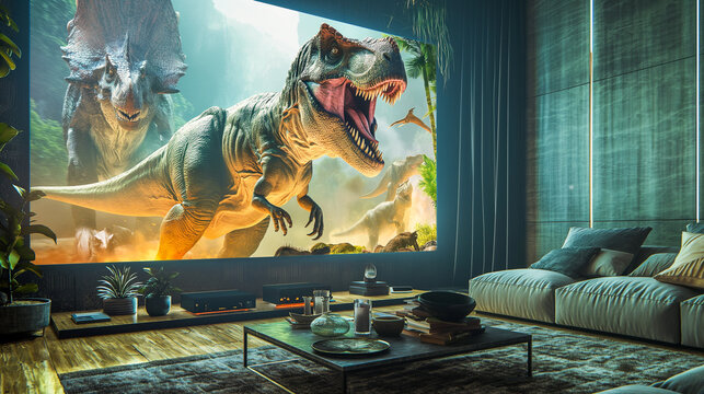 Large home theater screen with 4K hyper realistic 3D movie with a dinosaur that climbs out of the screen into a modern home interior with a sofa and house plants.