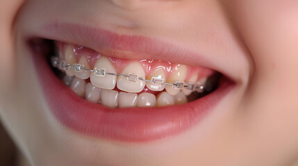 Close-up of a child's smile with perfect white teeth with braces on a white background. Children's dentistry concept