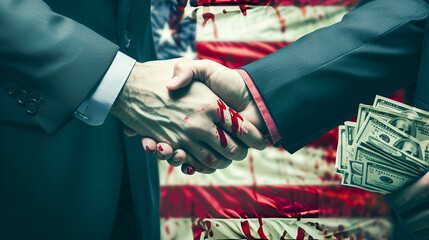 handshake of corrupt politicians, hands covered in blood against the backdrop of an American flag and dollar bills spattered with drops of blood. The concept of corruption, bribes