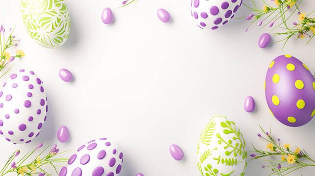 3D Spring Easter background with Easter eggs floral print of purple spring flowers and leaves on a light background with copy spaces.