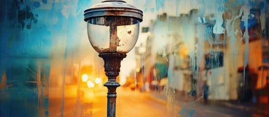 A street light stands on the side of the wet road under the rain, illuminating the building with its glasscovered helmet while creating an artful reflection on the font of the ceiling - obrazy, fototapety, plakaty