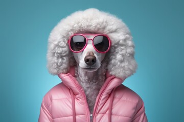  anthropomorphic Poodle stylish dog wears sunglasses and dressed in stylish pink clothing  - obrazy, fototapety, plakaty