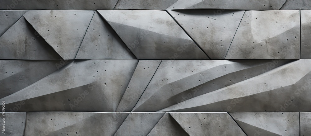 Poster a close up of a grey concrete wall with triangular geometric shapes creating a parallel pattern, dis