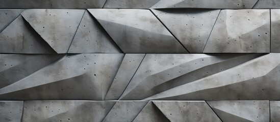 A close up of a grey concrete wall with triangular geometric shapes creating a parallel pattern, displaying symmetry in monochrome photography
