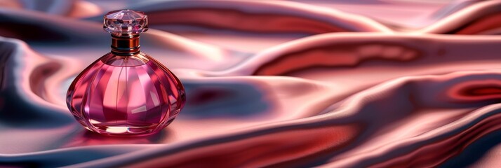 Perfume Bottle on Silk Wavy Background, Perfume Product Advertising, Luxury Perfumery Poster