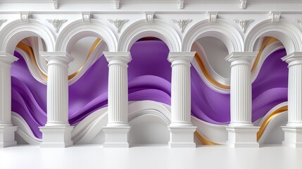  a row of white pillars with purple and gold swirls on the top and bottom of them, against a white wall.