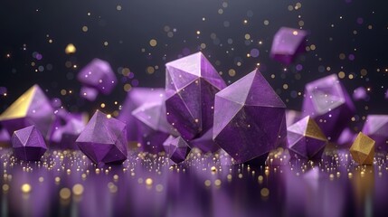 a group of purple and gold cubes on a black background with a blurry boke of gold dots.