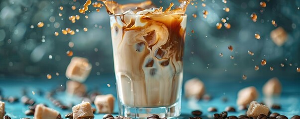 Tasty ice coffee with milk with cream cheese poured over - obrazy, fototapety, plakaty
