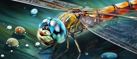 An arthropod, the dragonfly, is perched on a leaf with water droplets. Known as a beneficial pest controller and pollinator, its membrane wings shimmer like art - obrazy, fototapety, plakaty