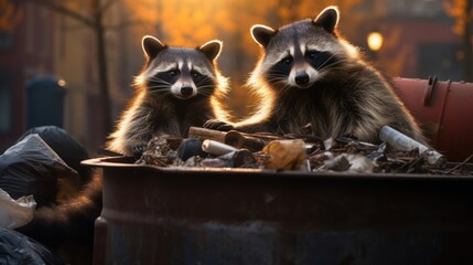 A couple of cute raccoons with inquisitive eyes and nimble paws are rummaging through trash cans in...