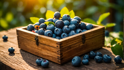 ripe blueberries in a wooden box in nature summer food