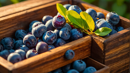ripe blueberries in a wooden box in nature summer