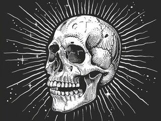 A skull is drawn in black and white coloring. Imitation sketch print. Illustration for cover, card, postcard, interior design, banner, poster, brochure or presentation. - 761791809